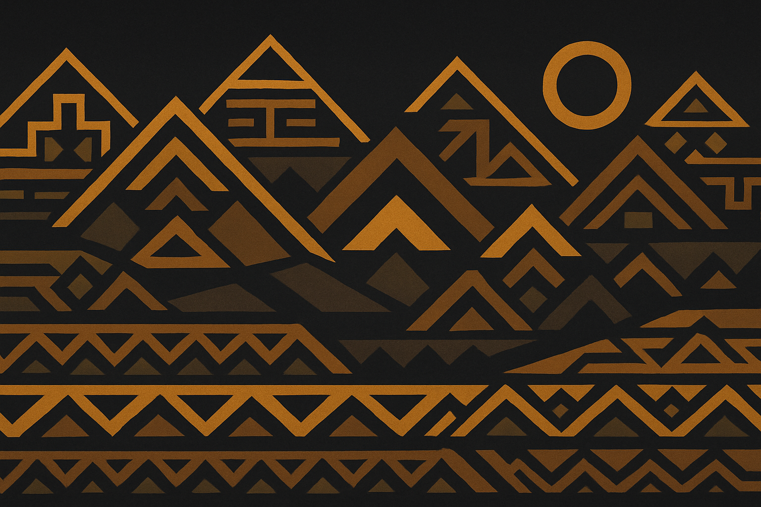 Abstract geometric artwork inspired by South African Ndebele patterns in gold and charcoal, representing the digital casino landscape
