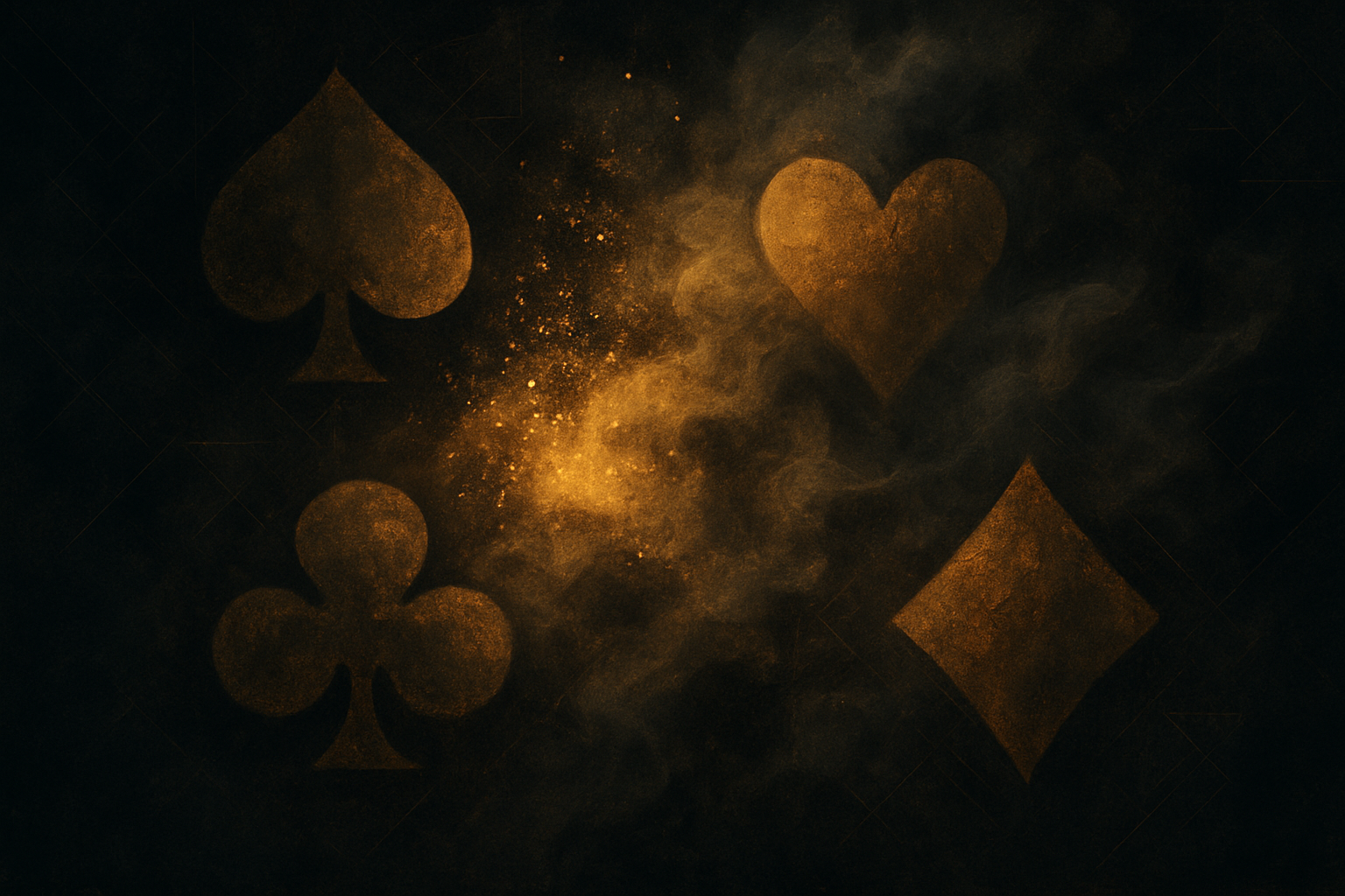 Abstract dark editorial illustration of golden light particles and card suits representing digital casino gaming